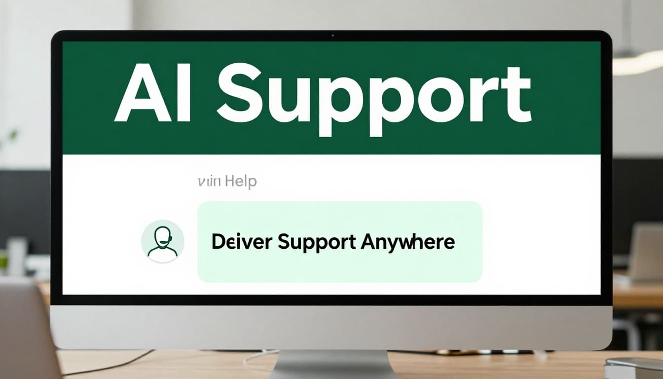 AI chatbot interface on a computer monitor in a modern support desk, displaying a resolved customer query with seamless handoff icon to human agent, under bold 'AI Support' headline.