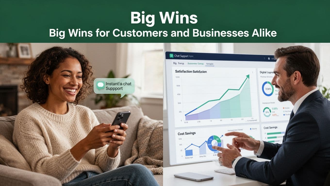 Happy customer receiving instant chat support on smartphone in cozy home setting next to business dashboard with rising satisfaction and cost savings metrics.