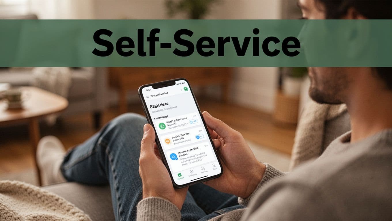 A relaxed customer browsing a self-service FAQ on a smartphone, warm home setting, bold editorial layout.