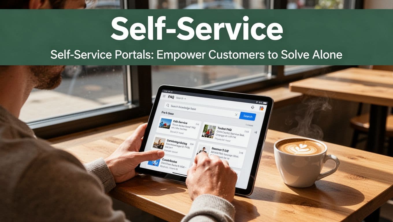 A relaxed person in a sunny cafe uses a tablet to search a self-service knowledge base, with FAQ articles implied on screen and a coffee cup nearby. Bold 'Self-Service' headline in Title Case on a muted dark-green band at the top.