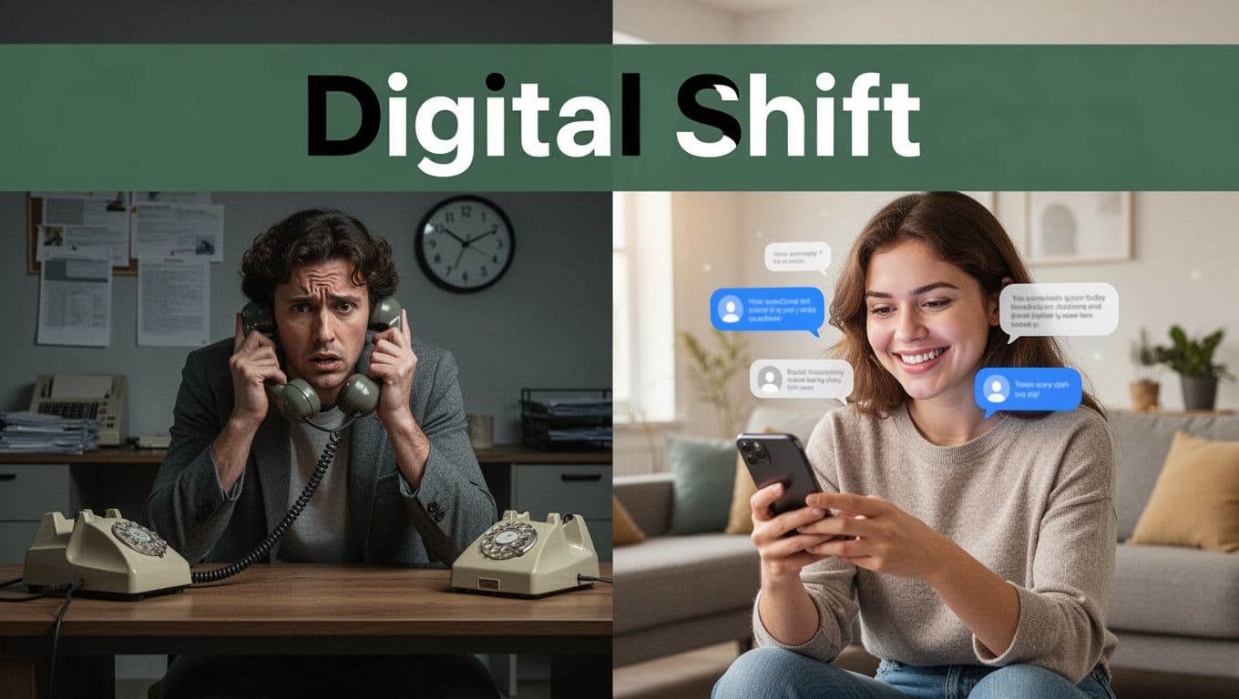 Split composition contrasting a frustrated person waiting on hold with a rotary phone in a dim 1980s office against a smiling young adult using a smartphone with chat bubbles in a bright modern living room. Bold 'Digital Shift' headline on a dark-green band at the top.