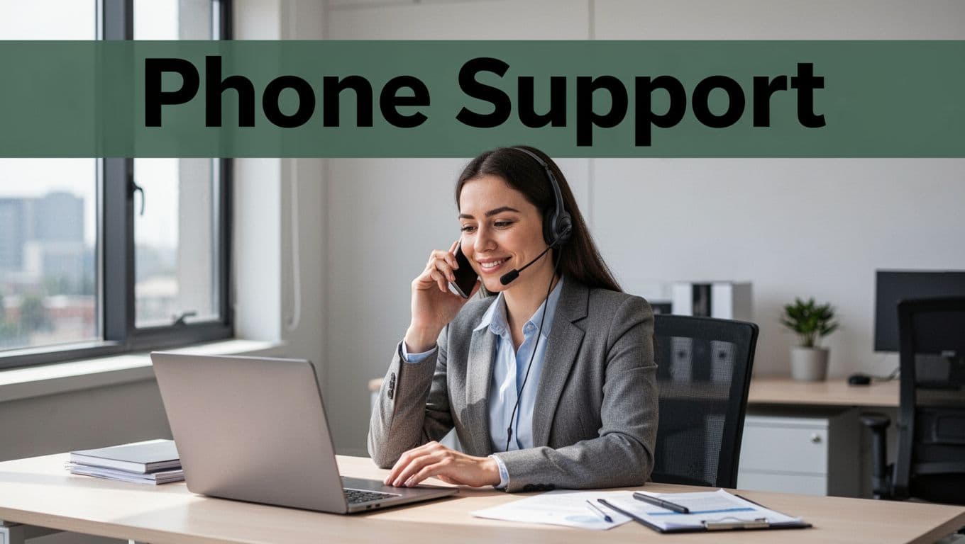 A customer service agent with headset at modern office desk handles a phone call with an empathetic expression, centered composition, bold editorial layout.