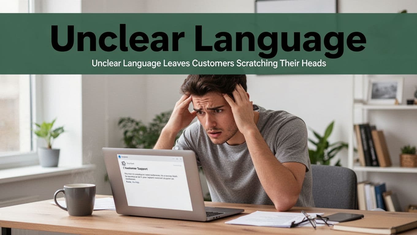 A frustrated young adult scratches their head in confusion while staring at a laptop displaying a vague customer support email in a bright home office with a coffee mug nearby. Bold 'Unclear Language' headline on a muted dark-green band at the top in high-contrast sans-serif typography.