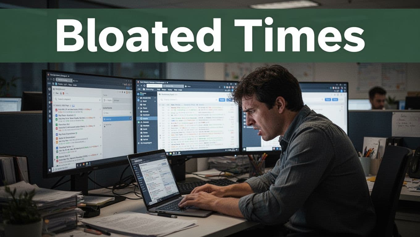 Frustrated support agent at cluttered desk in dimly lit office, screen displaying clunky outdated software with bloated search bars, long scrolling history logs, and multiple tabs, highlighting time wasted on poor tools.