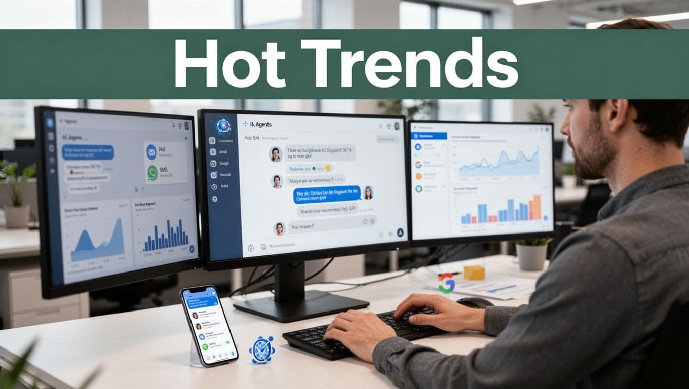 Support agent working with AI support tools at multi-monitor desk with mobile notifications, representing hot trends in digital customer support.