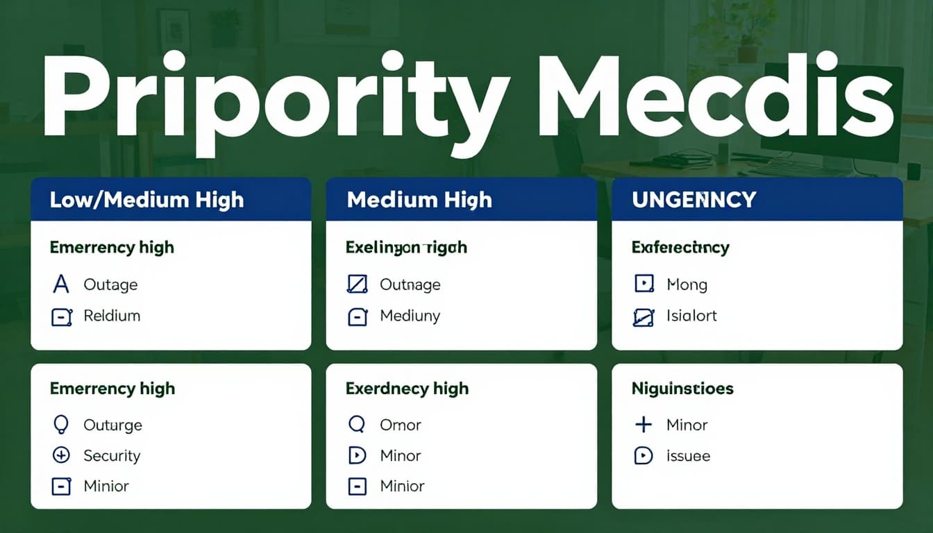 A clean 2x2 impact-urgency matrix chart for support tickets with axes labeled low/medium/high, quadrants showing priority levels like emergency, high, medium, low, and simple icons for issues such as outages, security bugs, and minor issues, in modern flat design on a bright workspace background.