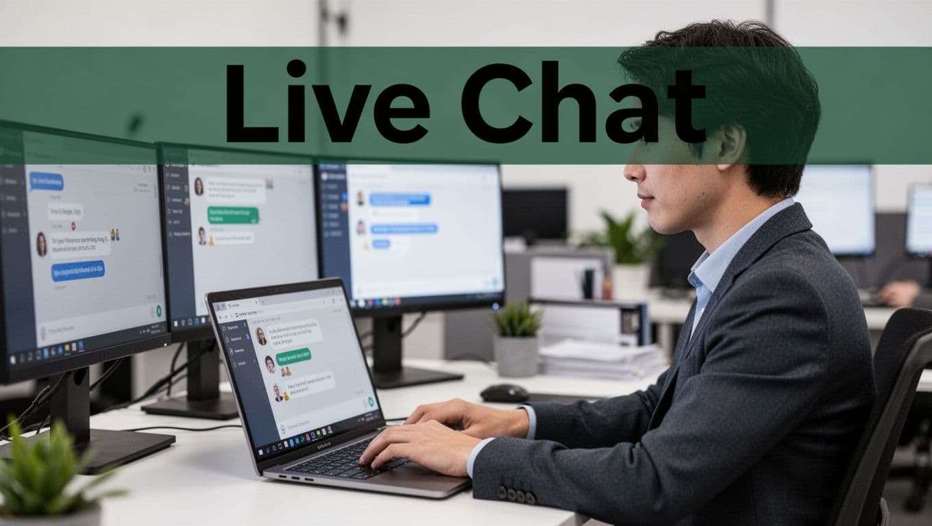 A focused support agent typing on a laptop during a live chat session, office setting, bold editorial layout.
