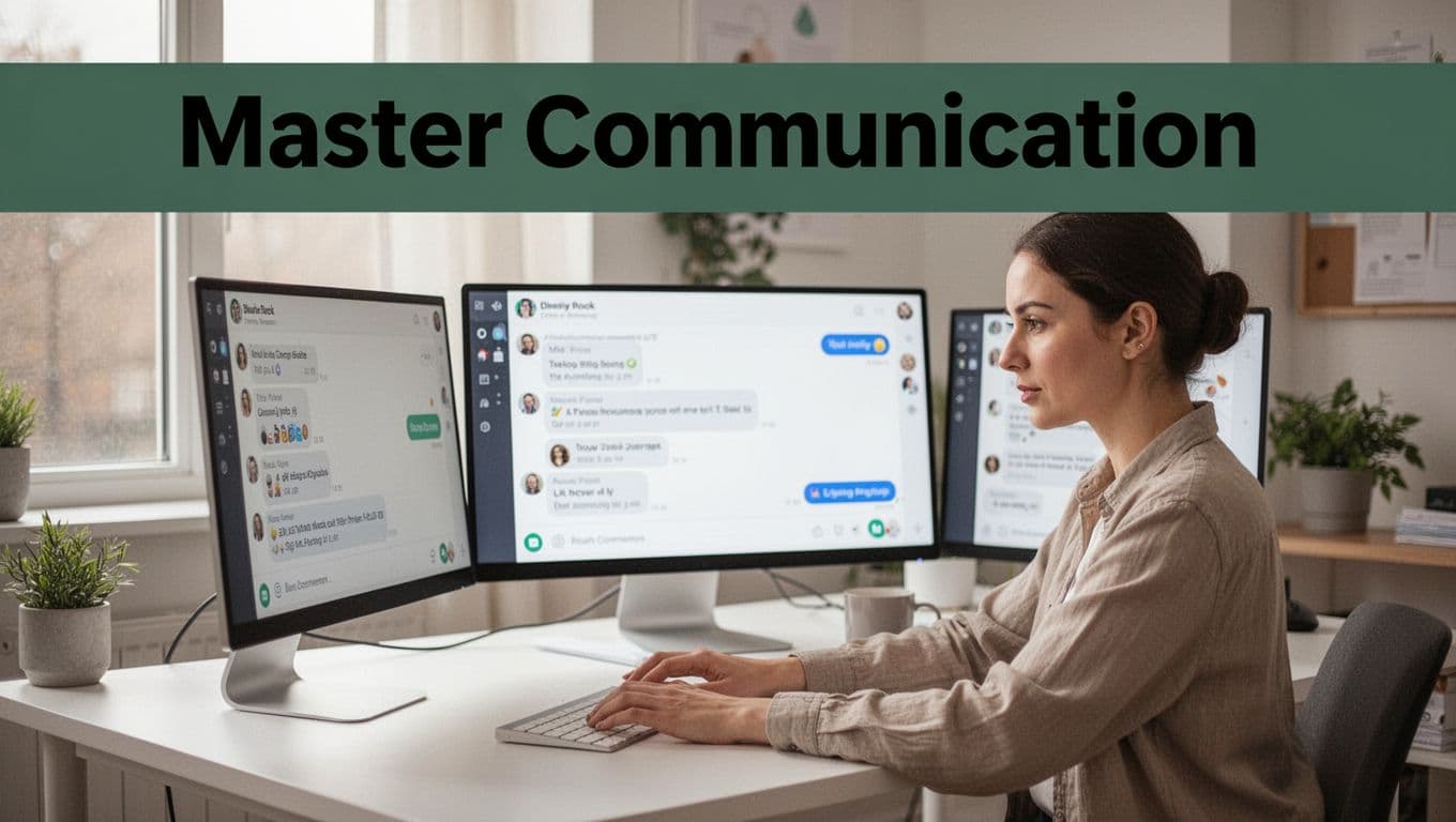 Customer support rep at a modern desk with computer screens showing chat interfaces, typing a response with focused expression in a cozy office with natural window light.