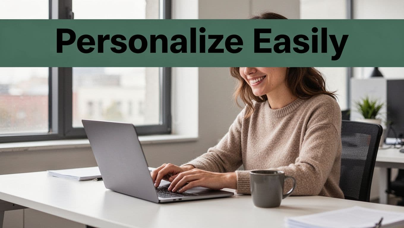 A person seated at a modern desk in a bright office types on a laptop with relaxed hands, screen angled away, evoking a warm personal response vibe with a smile and nearby coffee mug. A bold dark-green band spans the top with the headline 'Personalize Easily' in Title Case geometric sans-serif font.