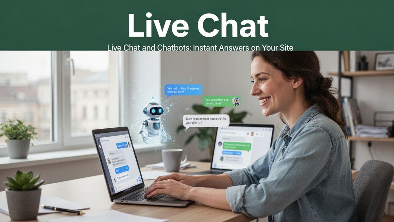 A smiling customer views a laptop screen showing a live chat window in a bright modern home office, with floating chat bubbles and a subtle AI bot icon nearby. Clean wide-angle side view with natural light and a bold 'Live Chat' headline on a dark-green top band.