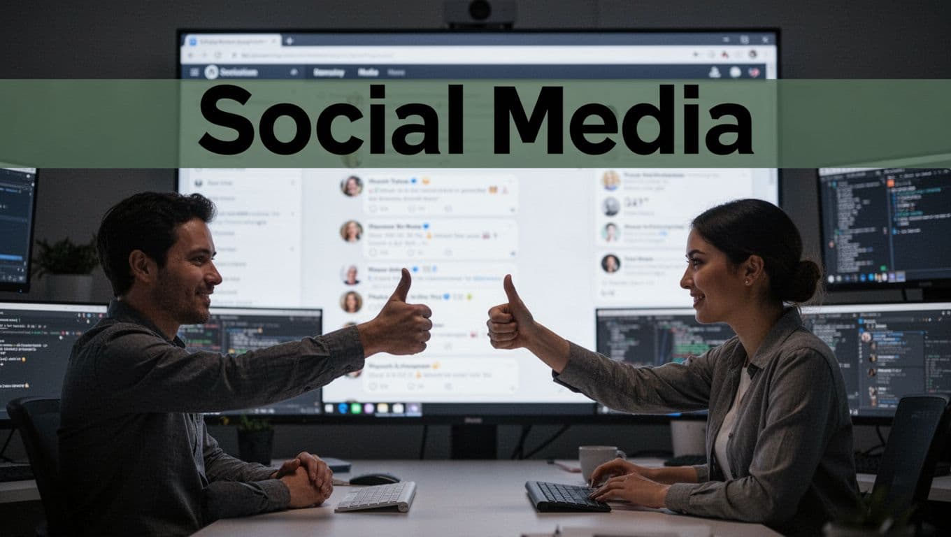 A collaborative team monitoring social media interactions on a screen, dim control room lighting, bold editorial layout.