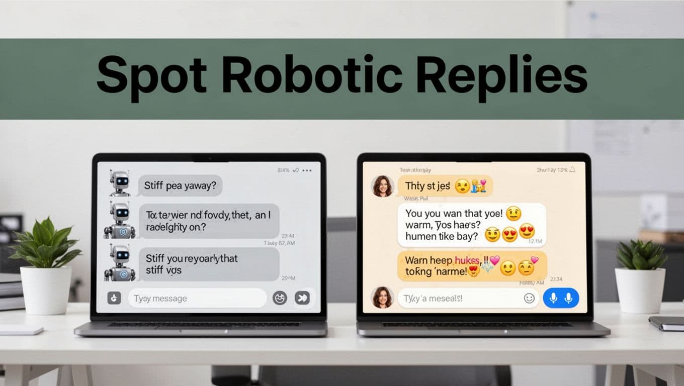 Landscape view of two chat screens side-by-side on a clean desk contrasting stiff robotic gray-toned messages with warm personal emoji-filled replies, topped with bold 'Spot Robotic Replies' headline in dark-green band, clean vector illustration.