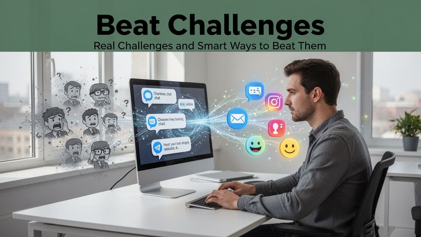 Side view of a determined support agent at a modern desk in a bright office with natural light, using a unified dashboard that shows connected chat, email, and social channels flowing together, fading from frustrated silos on the left to happy integration on the right. Bold 'Beat Challenges' headline in Montserrat Black on a dark-green band at the top.