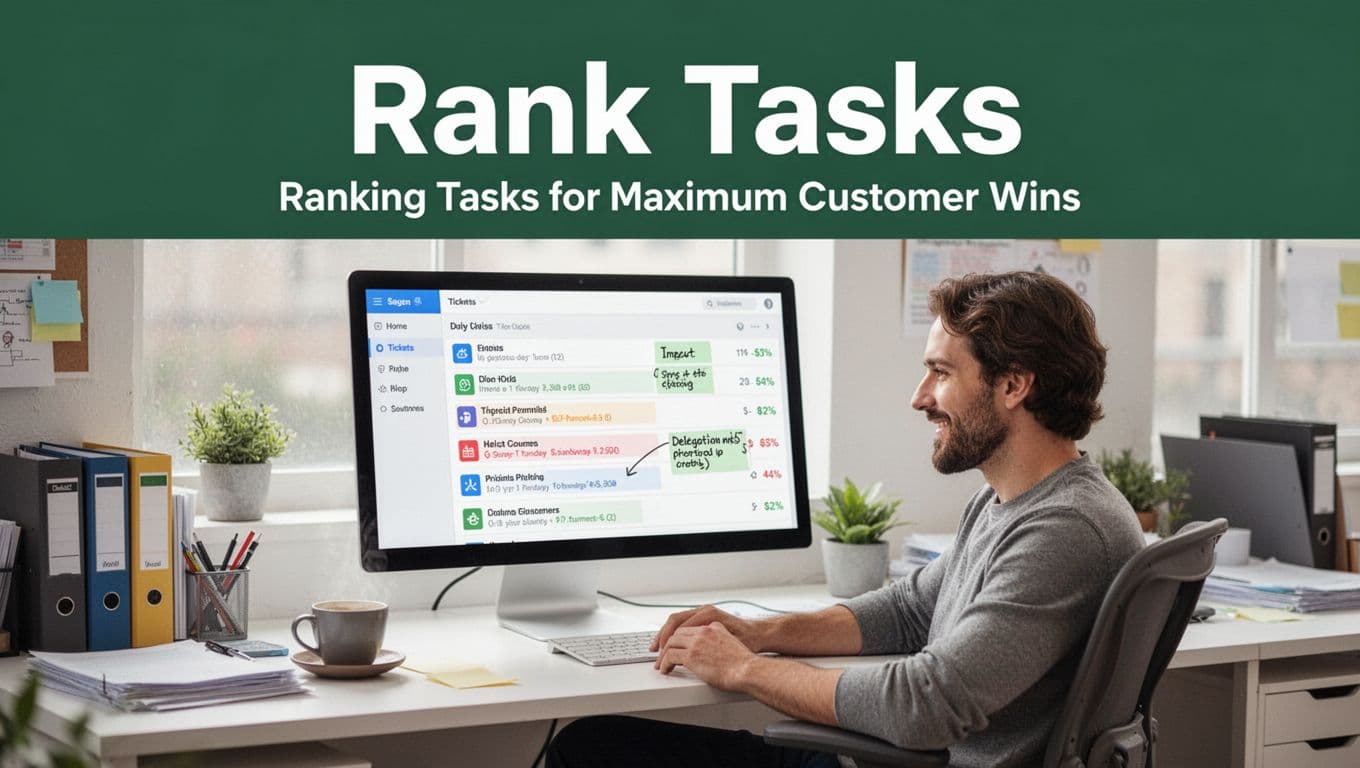 Single support agent in bright organized workspace reviewing prioritized ticket list with impact scores and delegation notes on screen, relaxed posture with coffee nearby, realistic photo style in natural daylight, under bold 'Rank Tasks' headline.