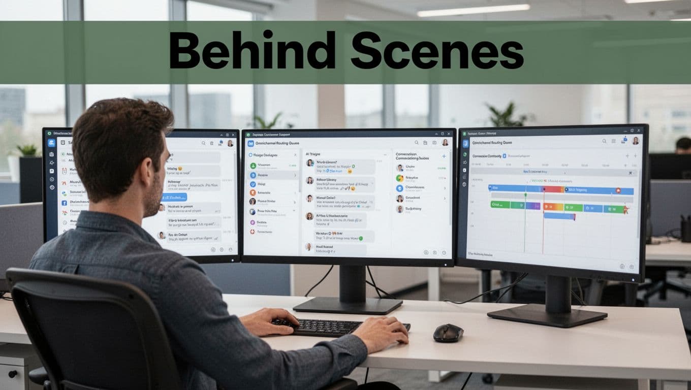 Support agent seated at a multi-monitor workstation in a bright modern support center, viewing unified dashboard showing customer chat logs from multiple channels, AI triage indicators, omnichannel routing queue, and conversation continuity timeline.