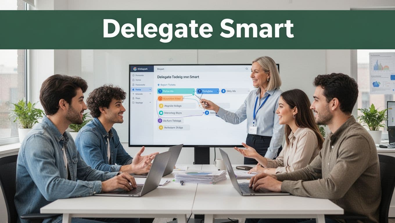 In a bright organized workspace, a senior support agent delegates tasks via shared screen to two engaged junior team members, distributing tickets for balanced workloads with relaxed postures in realistic photo style.
