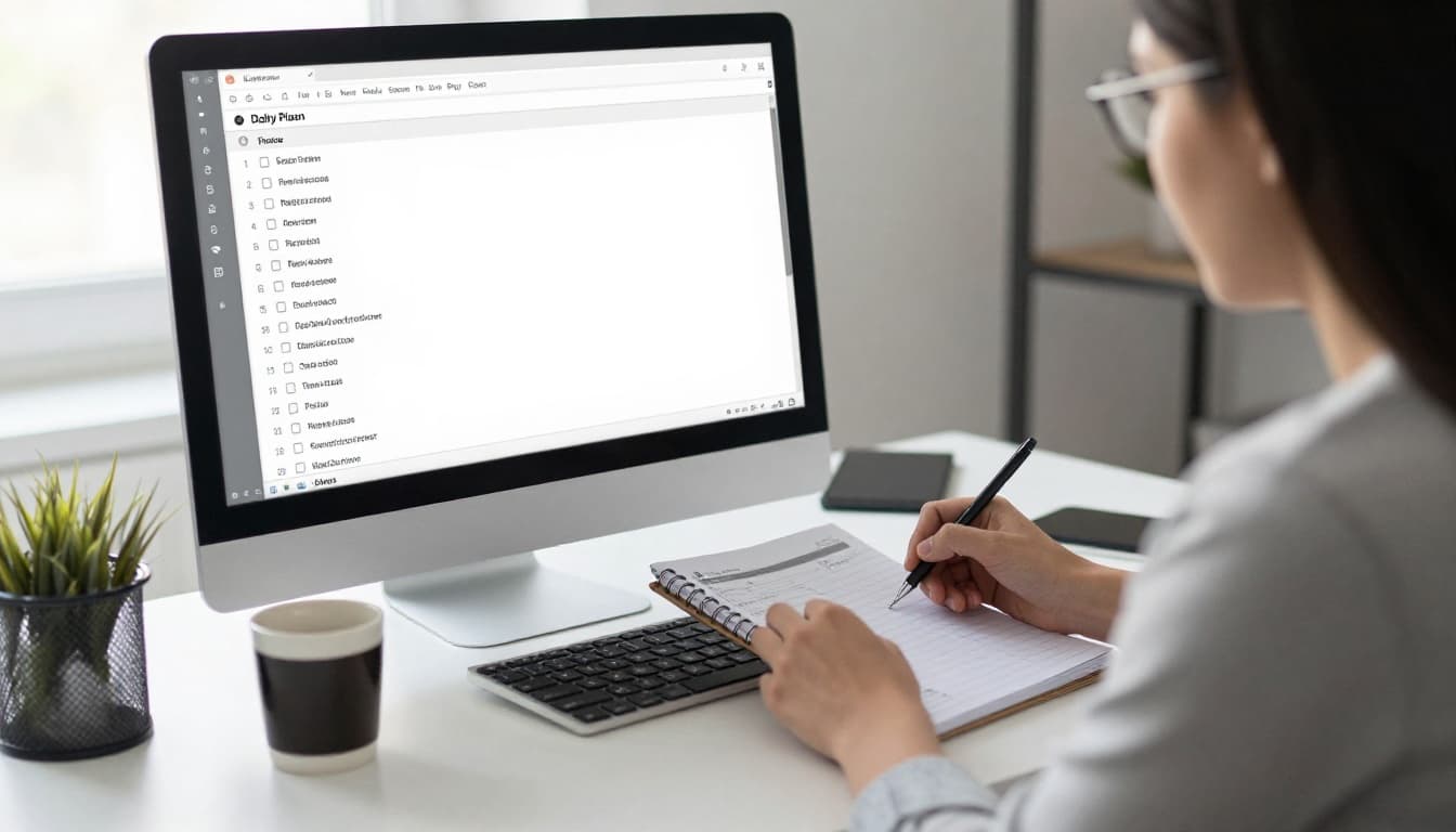 A calm support team member reviews their daily plan on a notepad next to a computer screen showing a prioritized ticket list, in a bright organized workspace with morning light, coffee, and checklist.