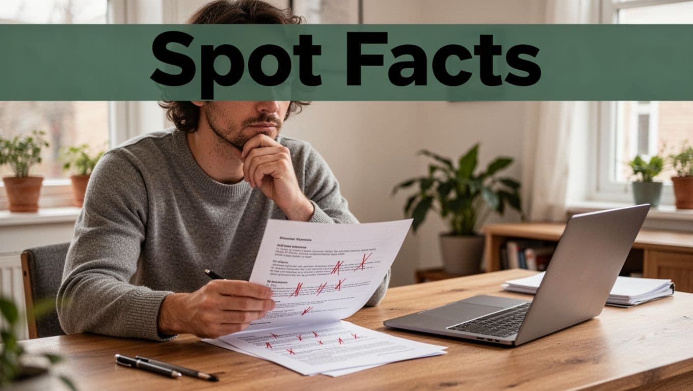 A person in a home office thoughtfully reviews a report with red marks, chin on hand, laptop nearby, natural daylight, photo-realistic style with bold 'Spot Facts' headline on dark-green band.