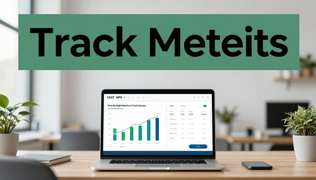 A laptop on a modern office desk displays a clean dashboard with key customer satisfaction metrics including CSAT, NPS, and FCR charts, under natural daylight in a realistic professional style.